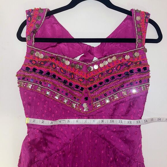 NWT Free People Jeweled Chevron Mini Dress Fuchsia Pink Beaded Swiss Dot 4 Flaw - Picture 9 of 16